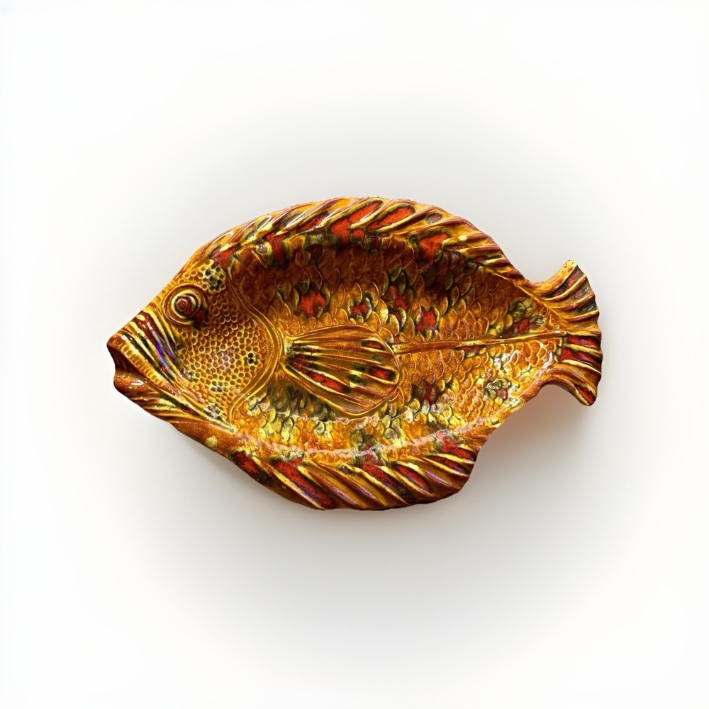 Vintage Hand Crafted Hand Glazed Orange~Red~ FISH SERVING PLATTER-DECOR